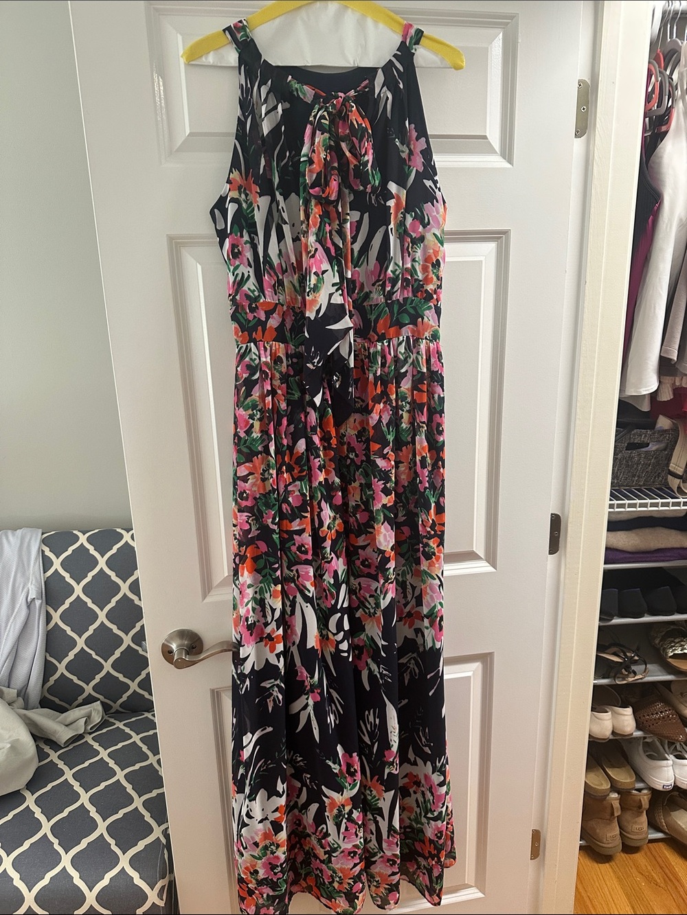 Eliza J Black Floral Halter Maxi Dress with Pink & Green